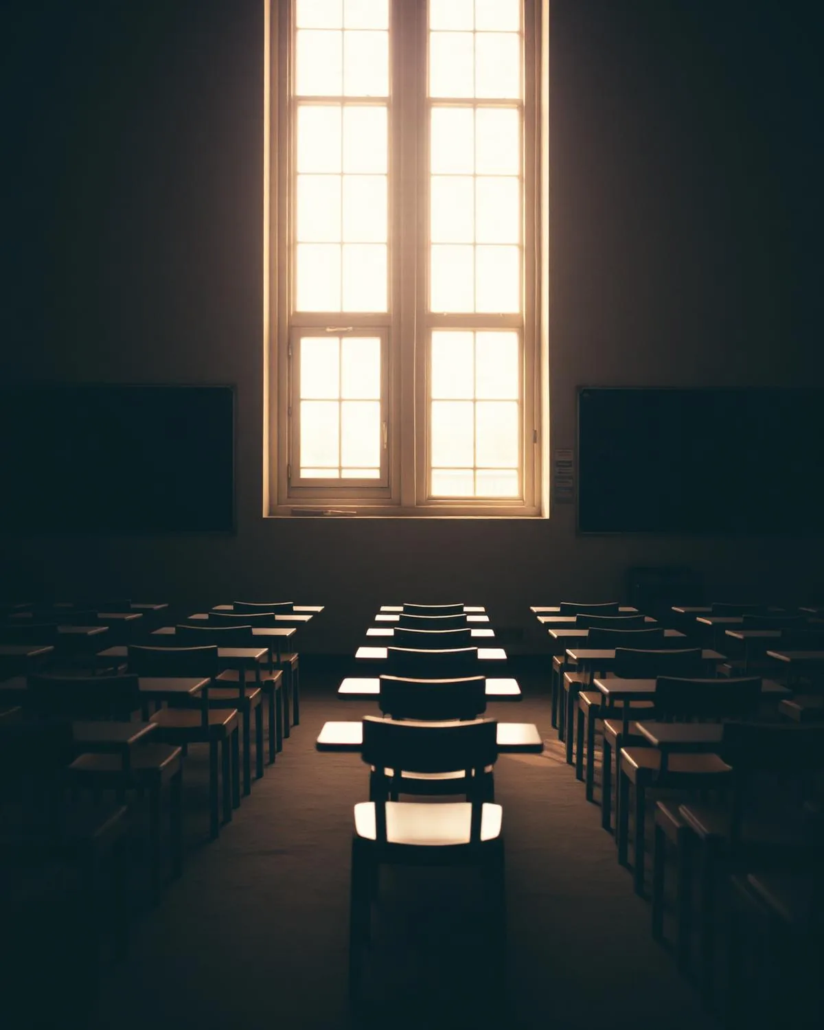 Sala de aula em silêncio, cadeiras alinhadas e luz dourada entrando por uma janela alta ao fundo.
