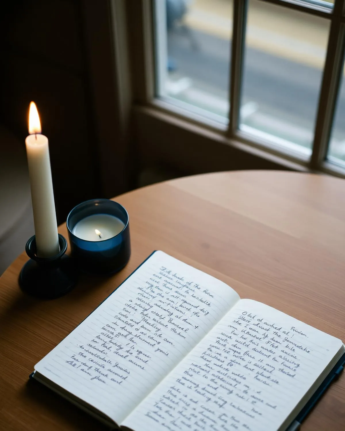 Caderno manuscrito aberto sobre mesa de madeira ao lado de uma vela acesa, luz de janela ao final da tarde.