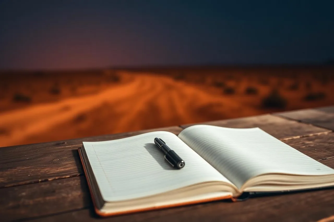 Caderno aberto sobre mesa de madeira rústica com paisagem do sertão desfocada ao fundo, ao amanhecer.